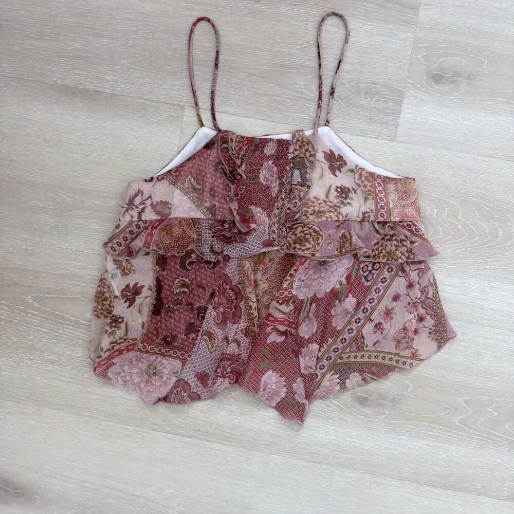 Patchwork Floral Ruffle Tiered Cami Top S MNG Mango Boho Smocked Peplum Summer - Picture 12 of 16